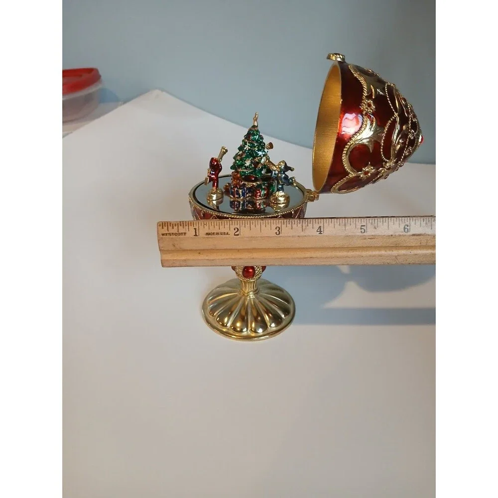 Red Enamel Egg Ruby Jewel Wind Up Music Box Christmas Tree W Presents